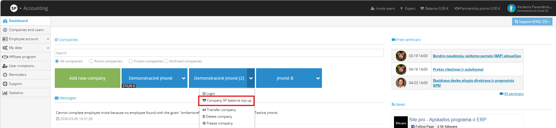 Balance overview in the Site.pro program